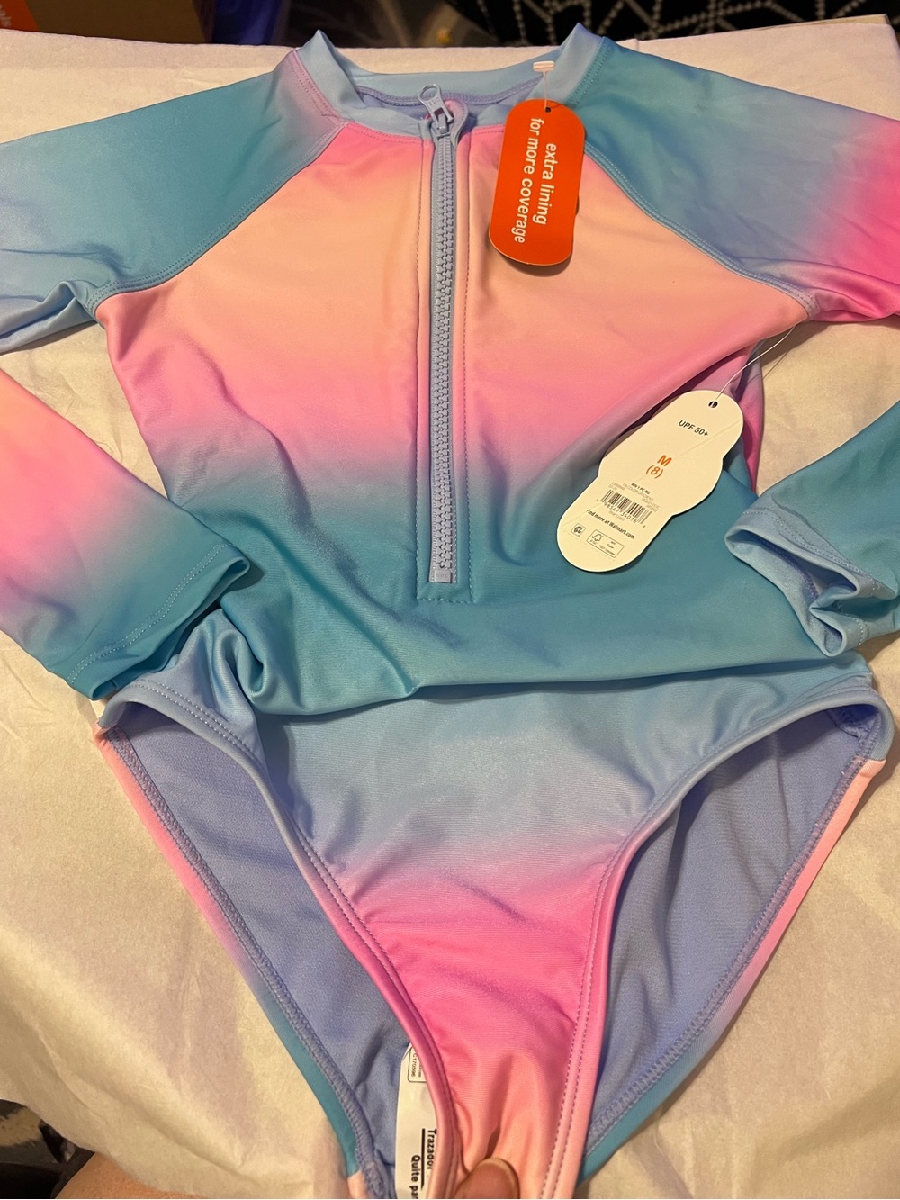 NWT Wonder Nation Girls 8 Pastel Ombre Long Sleeve One Piece Swimsuit UPF 50+